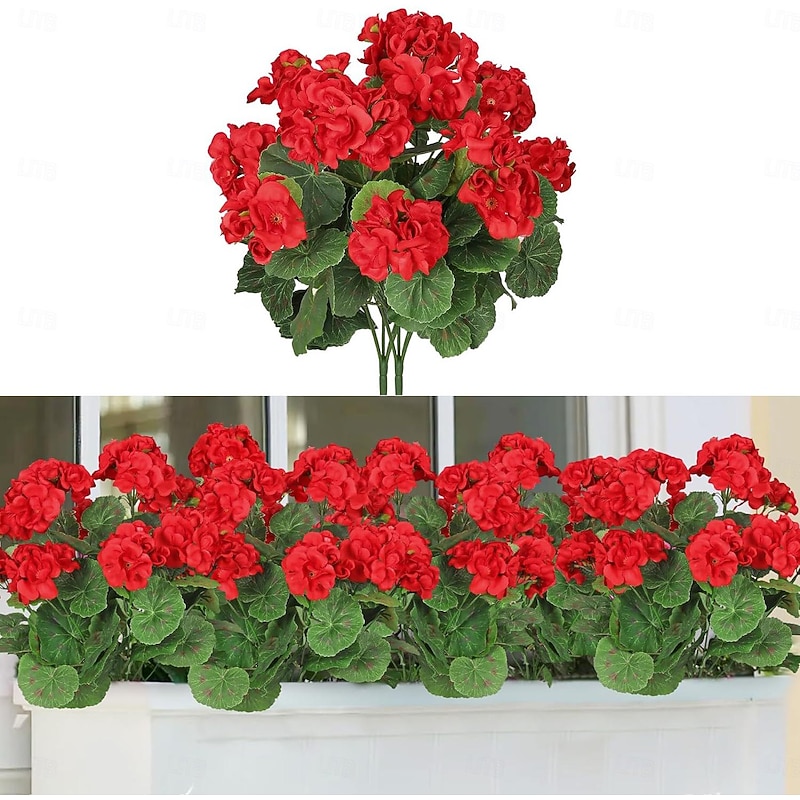 Artificial Red Geranium Silk Flowers Outdoor Plant Bush 2 Bundles Faux Flowers Geraniums for Outdoors Floral Home Decor Indoor Garden Patio Vase Grave Cemetary Table Centerpieces Decor