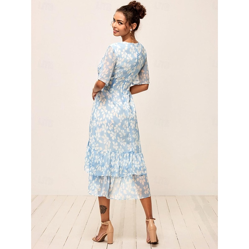 Women's Tea Length A Line Dress Layered Dress Elegant Flared Sleeve Vacation Daily Loose Fit Floral Half Sleeve V Neck Light Blue Summer4