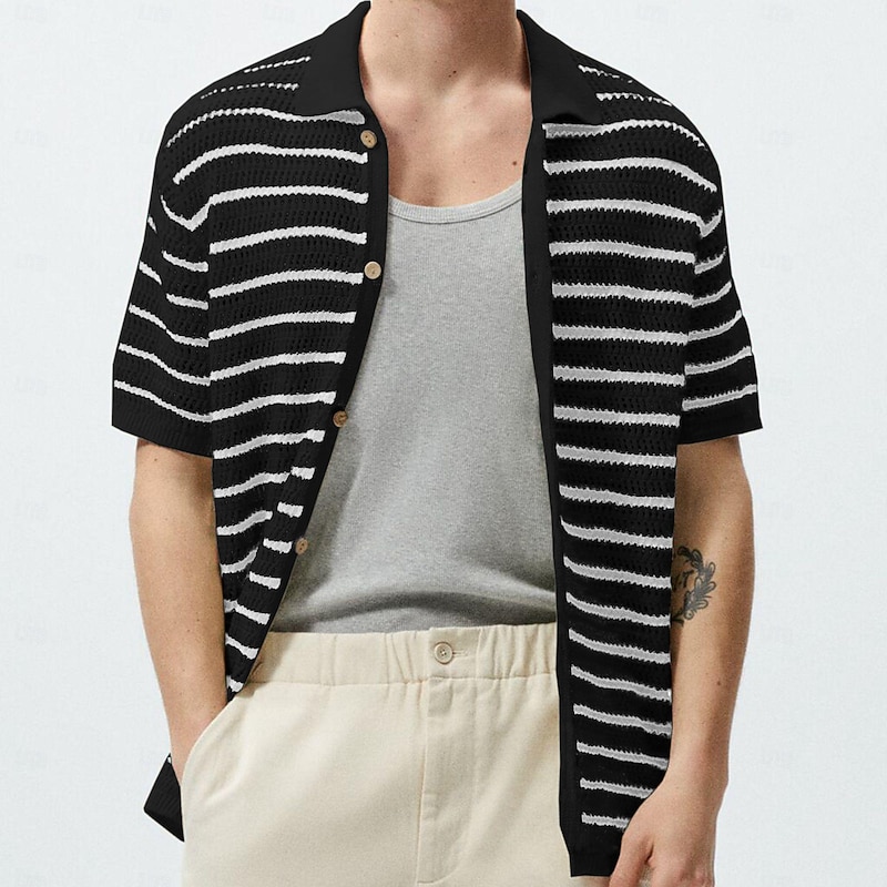 Men's Polo Knit Polo Sweater Business Casual Lapel Short Sleeve Fashion Stripes Button Front Summer Black Polo2