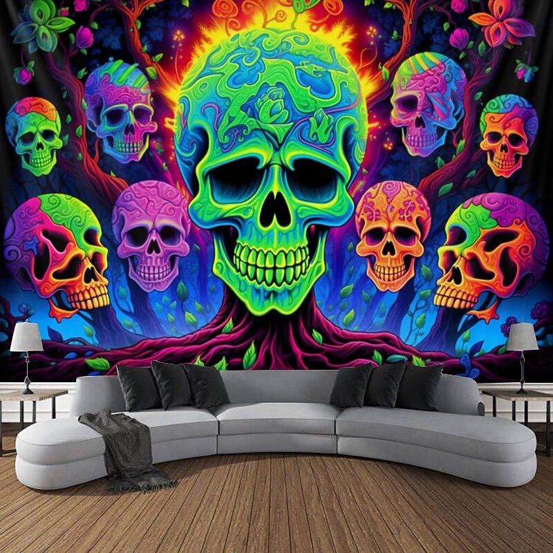 Blacklight Tapestry UV Reactive Glow in the Dark Tree of Skulls Trippy Mountain Misty Hanging Tapestry Wall Art Mural for Living Room Bedroom4