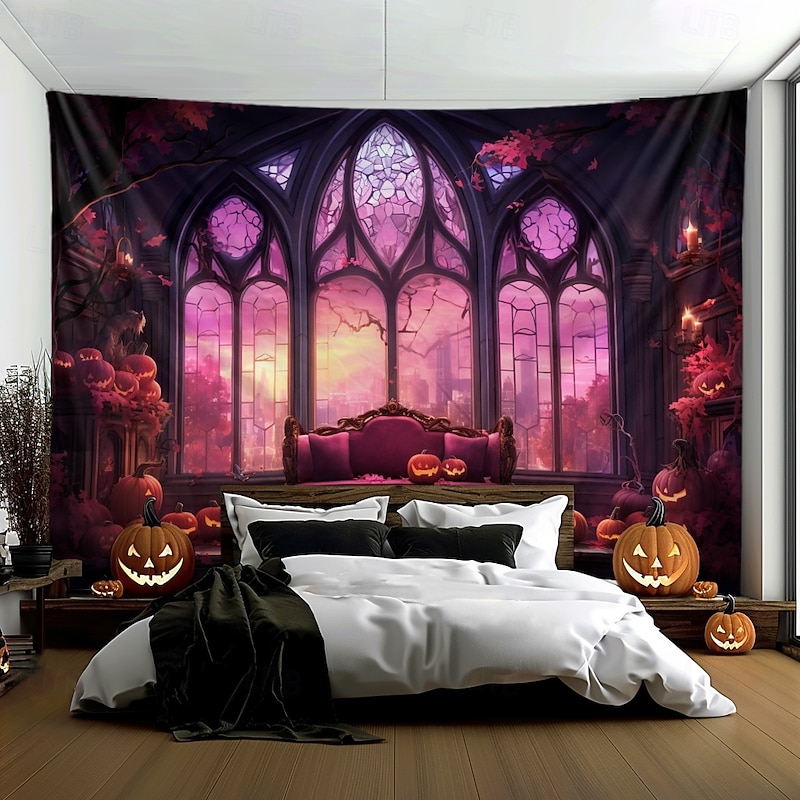 Pink Halloween Decorations Window Hanging Tapestry Wall Art Large Tapestry Mural Decor Photograph Backdrop Blanket Curtain Home Bedroom Living Room Decoration2