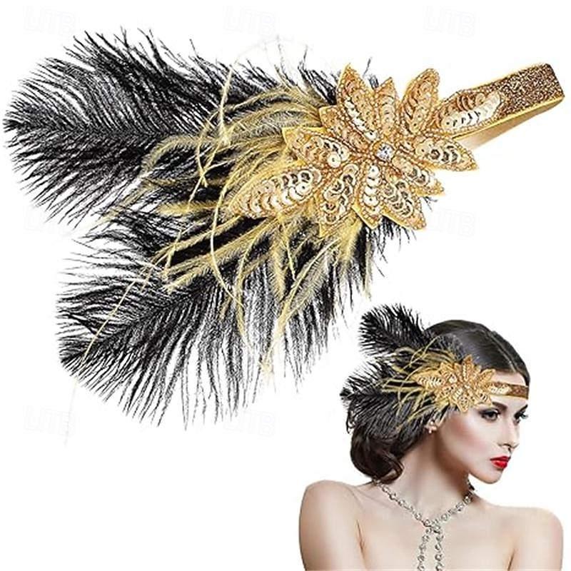 Vintage 1920s The Great Gatsby Flapper Headband Accesories Set Charleston Wedding Guest Feather Fashion Fancy Dress Women's Masquerade Wedding Reception Bachelorette Party Festival Adults' Headband2