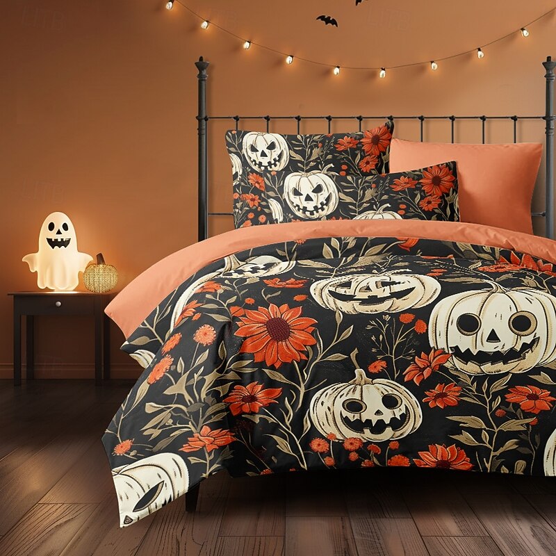Halloween Duvet Cover Set Jack O Lantern Pumpkin Floral and Pumpkin Patterns for a Cozy Holiday Feel - Includes Duvet Cover and Pillowcases - Soft and Comfortable Fabric