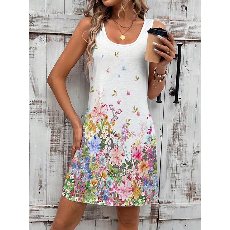 Women's Mini Dress Petite Dress Sundress Tank Dress Summer Dress Cute Casual Vacation Daily Holiday Loose Fit Floral Sleeveless Crew Neck White Summer