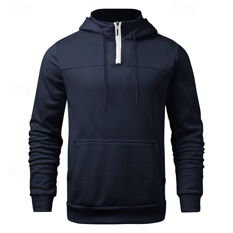 Men's Hoodie Quarter Zip Hoodie Black Navy Blue Khaki Light Grey Dark Gray Hooded Plain Pocket Sports & Outdoor Daily Holiday Polyester Streetwear Basic Casual Spring &  Fall Clothing Apparel Hoodies3