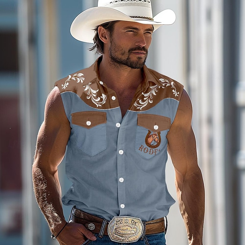 Men's Horse Southwestern Print Shirt Western Shirt Cowboy Shirt Sleeveless Western Style Outdoor Work Causal Summer Spring Shirt Collar Blue Green Khaki3