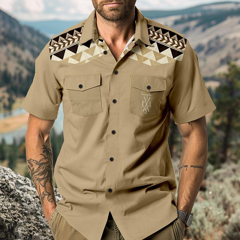 Men's Southwestern Print Shirt Western Shirt Cowboy Shirt Short Sleeve Western Style Outdoor Summer Spring Shirt Collar Black Khaki2
