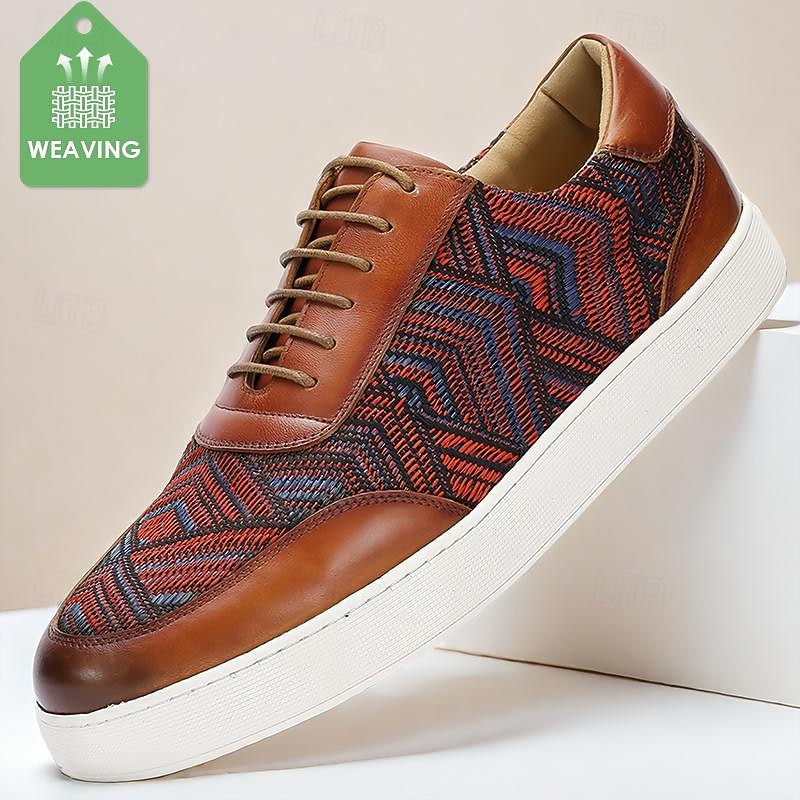 Men's Brown Leather Sneakers with Red and Blue Woven Pattern - Stylish and Comfortable Lace-Up Casual Shoes for Everyday Wear