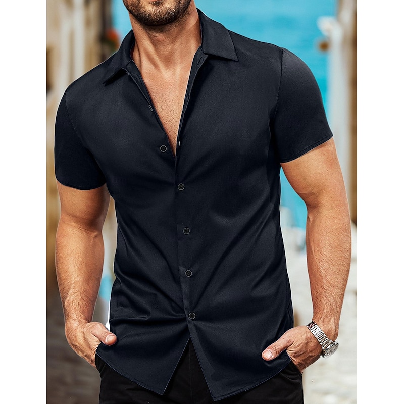 Men's Shirt Summer Shirt Casual Shirt Button Up Shirt Black White Pink Red Blue Short Sleeve Plain Collar Vacation Street Clothing Apparel Fashion Casual Comfortable3
