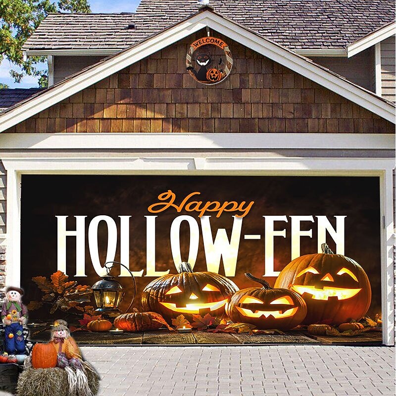 Halloween Door Decorations Halloween Garage Door Cover Pumpkins Jack O Lantern Outdoor Banner Ghost Bats Large Backdrop Decoration for Holiday Out door Decorations Door Home Wall Decorations 11