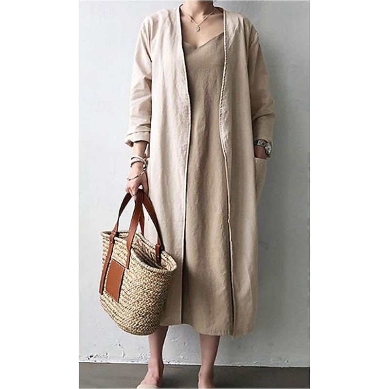 Women's Dressy Dusters Dressy Jackets Trench Coat Office Work Spring Fall Long Coat Loose Fit Modern Style Jacket Long Sleeve Solid Color Plain Pocket Oversized Light Blue khaki Grey
