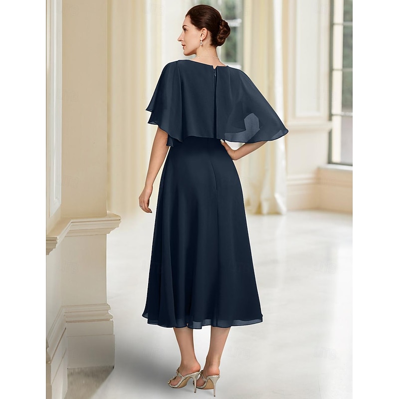 Beach Wedding A-Line Mother of the Bride Dress Elegant Jewel Neck Tea Length Chiffon Half Sleeve with Lace4