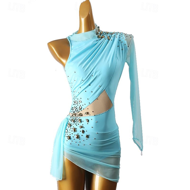 Figure Skating Dress Women's Girls' Ice Skating Dress Violet Sky Blue Patchwork Open Back Mesh High Elasticity Training Competition Skating Wear Classic Long Sleeve Ice Skating Figure Skating