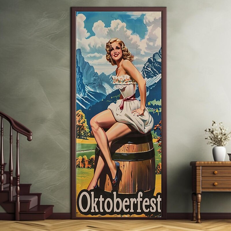 German Oktoberfest 2025 Vintage Woman Door Covers Door Tapestry Door Curtain Decoration Backdrop Door Banner for Front Door Farmhouse Holiday Party Decor Supplies3