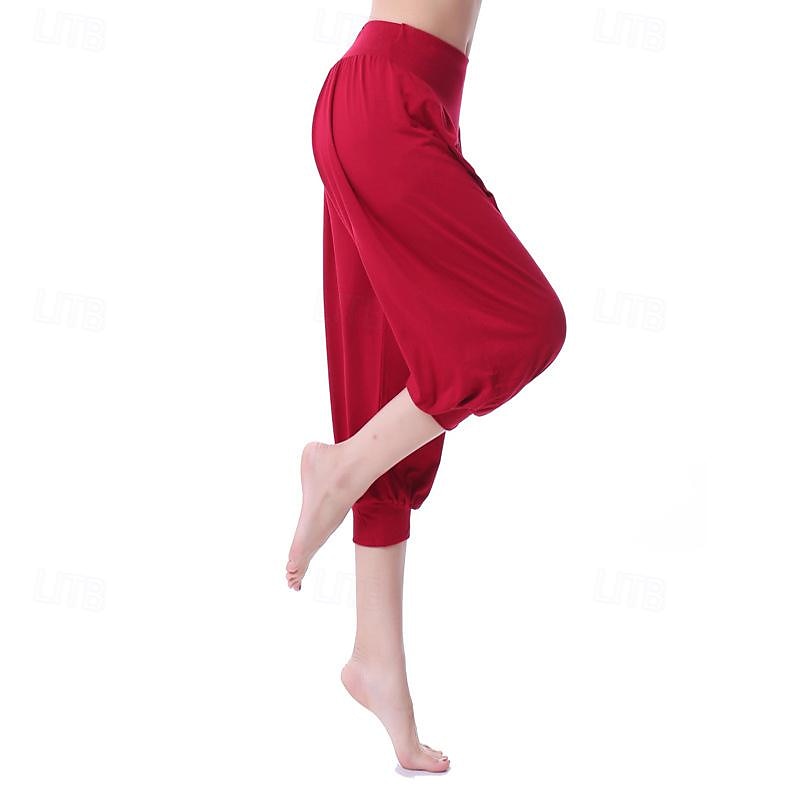 Women's Capri Pants Flares Elastic Waistband High Waist Pilates Gym Workout Workout Capri Pants Solid Color Black White Burgundy Cotton Sports Activewear Stretchy Loose Fit4