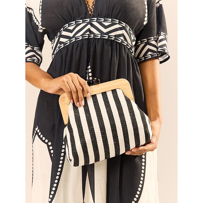 Women's Striped Canvas Crossbody Bag – Retro Wooden Frame Small Shoulder Purse with Adjustable Strap – Black and Beige, Ideal for Casual Outings and Travel