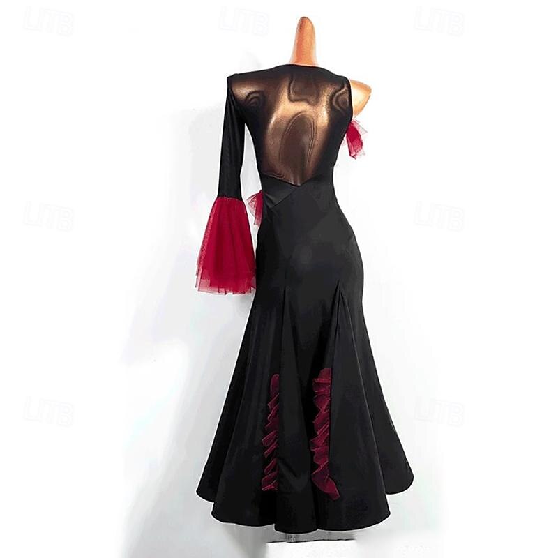 Ballroom Dance Dress Ruffles Pure Color Splicing Women's Performance Party Long Sleeve Polyester Mesh2