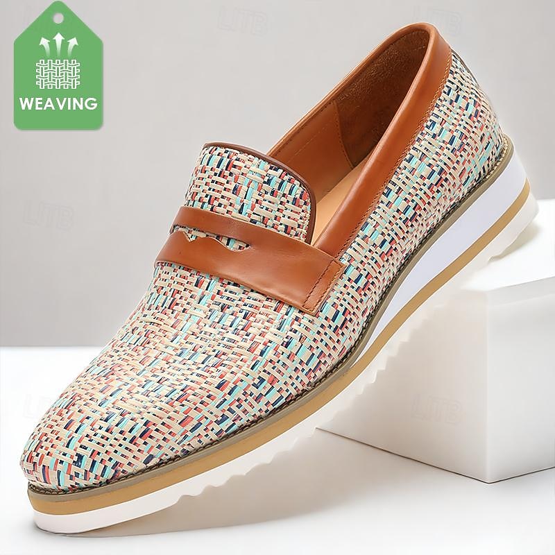 Men's Multicolor Woven Leather Loafers - Breathable Slip-On Penny Shoes for Casual and Formal Wear
