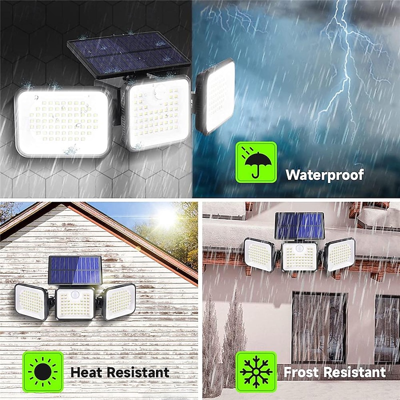 Solar Powered 180LED Outdoor Human Body Infrared Three Head Sensing Outdoor Courtyard Garden Landscape Lighting Wall Lamp Garage Road Light 1PC2