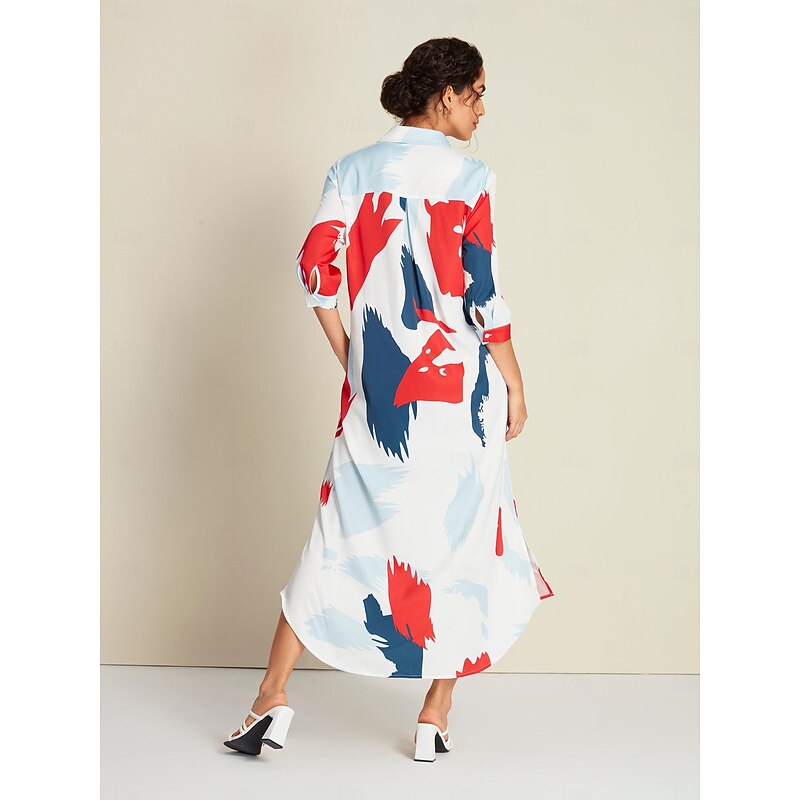 Satin Rainbow Block Pattern Maxi Shirt Dress2