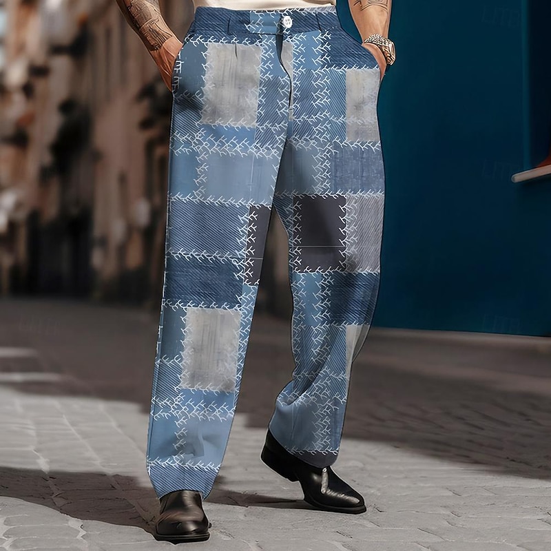 Men's Plaid Dress Pants Mid Waist Vintage Business Casual Formal Dailywear Pocket Straight Leg Trousers Summer Spring Fall 3D Print Blue - Main Image