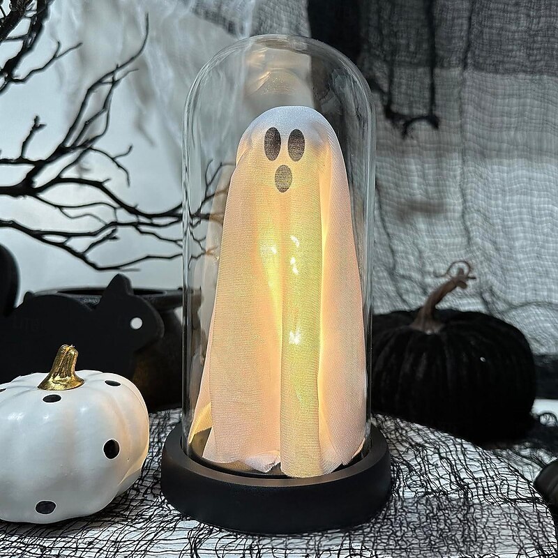 Halloween Lighted Ghost in Glass Cloche Cute Ghost with Light for Home Kitchen Fireplace Tabletop Party Decor Holiday Decorations2