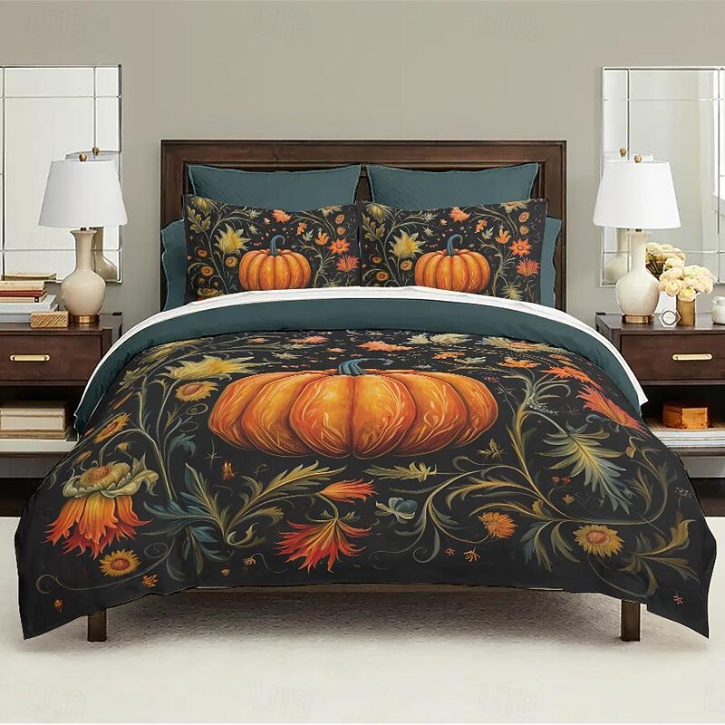 Halloween Autumn Pumpkin Duvet Cover Set - Includes Duvet Cover and Pillowcases - Festive and Cozy Design - Soft and Comfortable Fabric - Perfect for Halloween and Fall Home Decor3