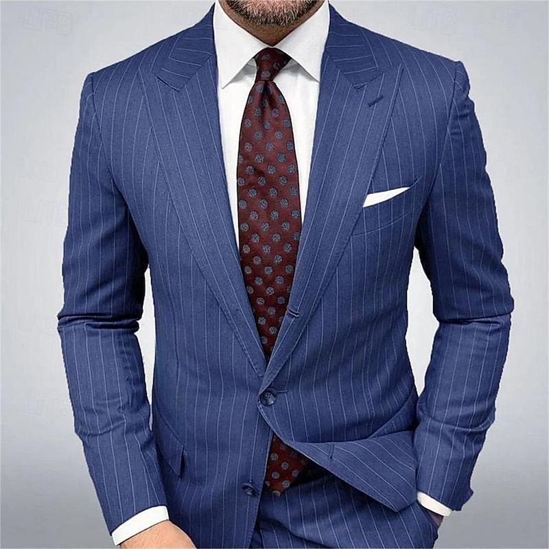 Men's Graduation Blazer Business Cocktail Party Wedding Party Fashion Casual Spring &  Fall Polyester Stripes Pocket Buttons Comfortable Single Breasted Blazer Blue Brown Gray2