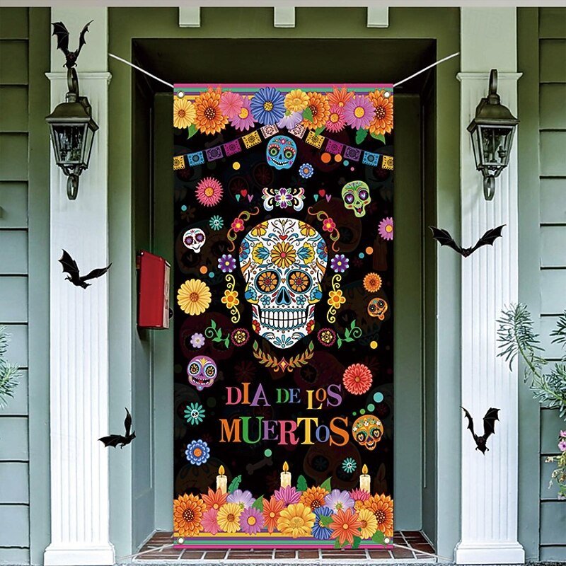 Halloween Door Decorations Halloween Door Covers Day of Dead Door Tapestry Door Curtain Decoration Backdrop Door Banner for Front Door Farmhouse Holiday Party Decor Supplies