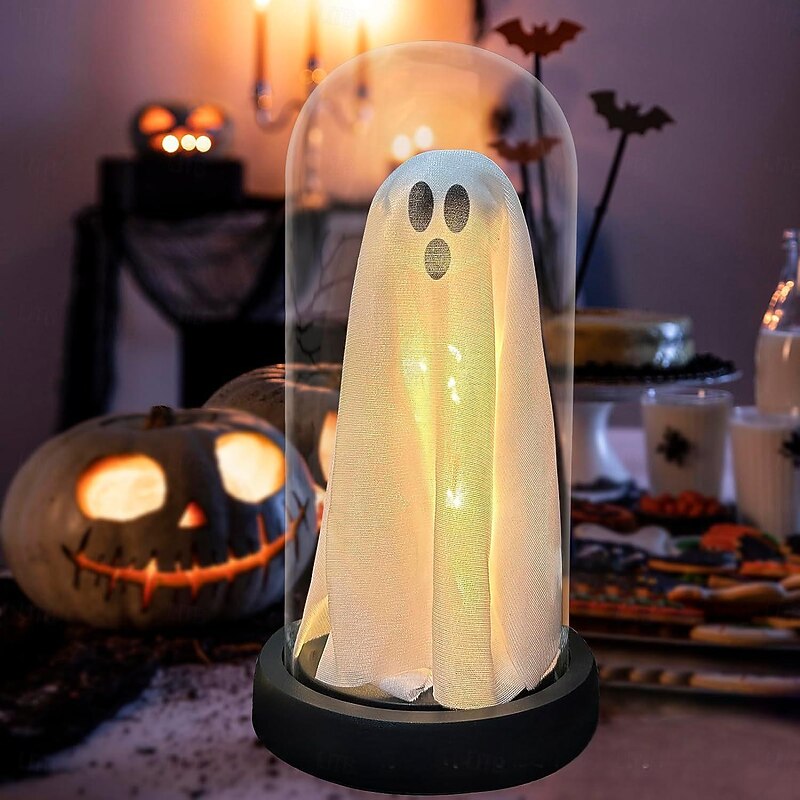 Halloween Lighted Ghost in Glass Cloche Cute Ghost with Light for Home Kitchen Fireplace Tabletop Party Decor Holiday Decorations
