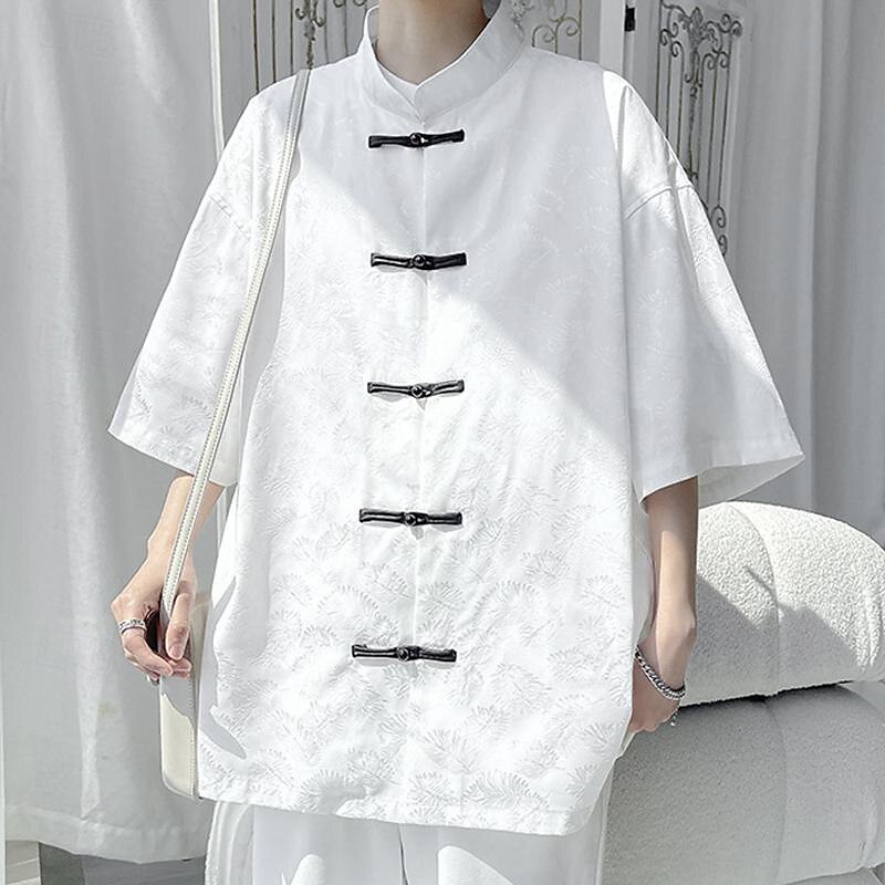 Men's Shirt Chinese Collar Shirt Mandarin Collar Shirt Summer Shirt Casual Shirt Beach Shirt Black White Short Sleeve Plain Mandarin Collar Vacation Holiday Embroidered Clothing Apparel Polyester 7