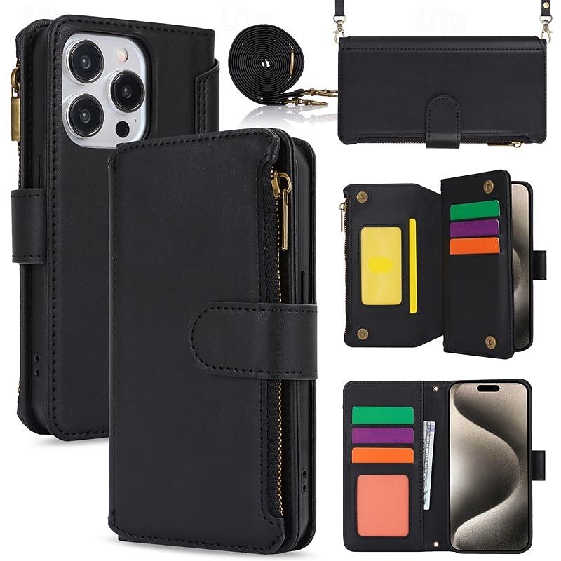 Phone Case For iPhone 16 15 14 Pro Max Plus 13 12 11 Pro Max Mini Wallet Case with Stand Holder Magnetic Zipper Retro TPU PU Leather
