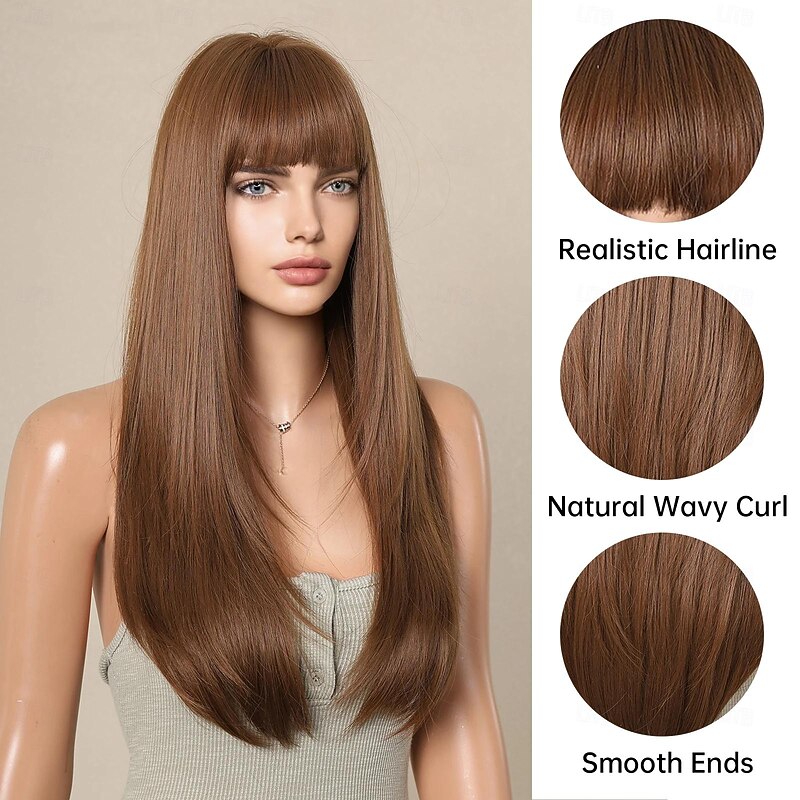 Synthetic Wig Straight Neat Bang With Bangs Wig 26 inch sepia Synthetic Hair Women's Ombre Hair Comfy With Bangs Brown3