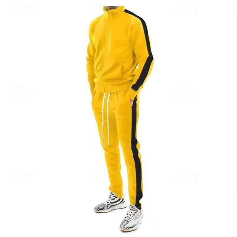 Men's Tracksuit Jogging Suit Drawstring Pocket Color Block Athletic Clothing Set Spring Black Yellow Gym Workout Jogging Running Soft Breathable Long Sleeve Sport Activewear Micro-elastic Regular Fit2