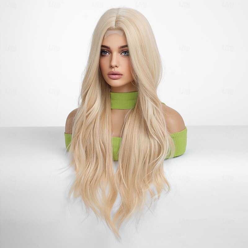 Synthetic Lace Wig Curly Style 28 inch Blonde Middle Part U Part Wig Women's Wig Light golden3