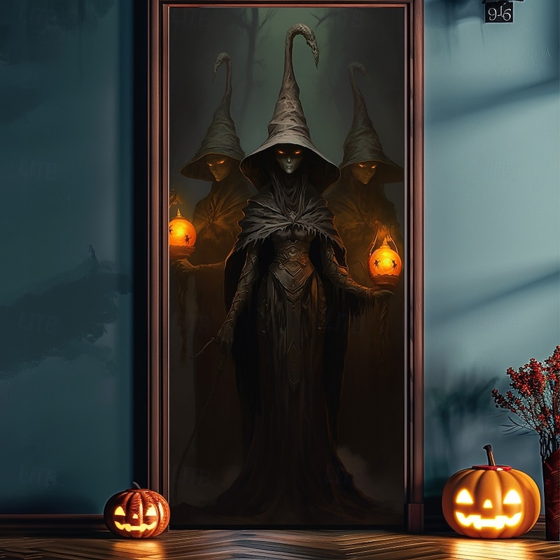 Halloween Door Decorations Halloween Door Covers Ghost Witch Door Tapestry Door Curtain Decoration Backdrop Door Banner for Front Door Farmhouse Holiday Party Decor Supplies