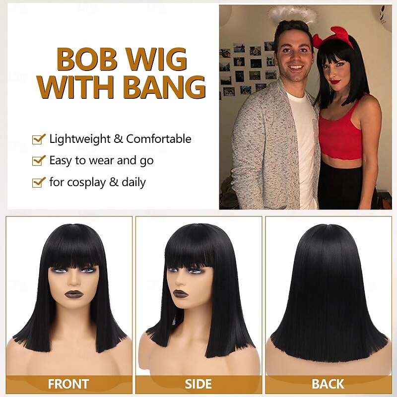 Black Bob Wig with Bangs for Women Short Straight bob Wigs with Golden Sequin Heat Resistant Synthetic Hair Bob Cut Wig Mia Wallace Cleopatra Halloweeen Cosplay Costume Wig3