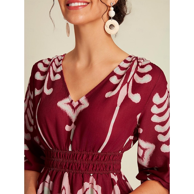 Folk Print Brick Red Half Sleeve V Neck Midi Dress3
