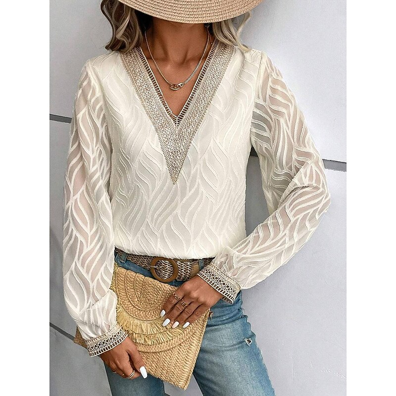 Women's Blouse Dressy Tops Elegant Stylish Solid Color Lace Flutter Sleeve Long Sleeve Regular Tops V Neck Party Daily Black Pink Beige Summer Spring Fall