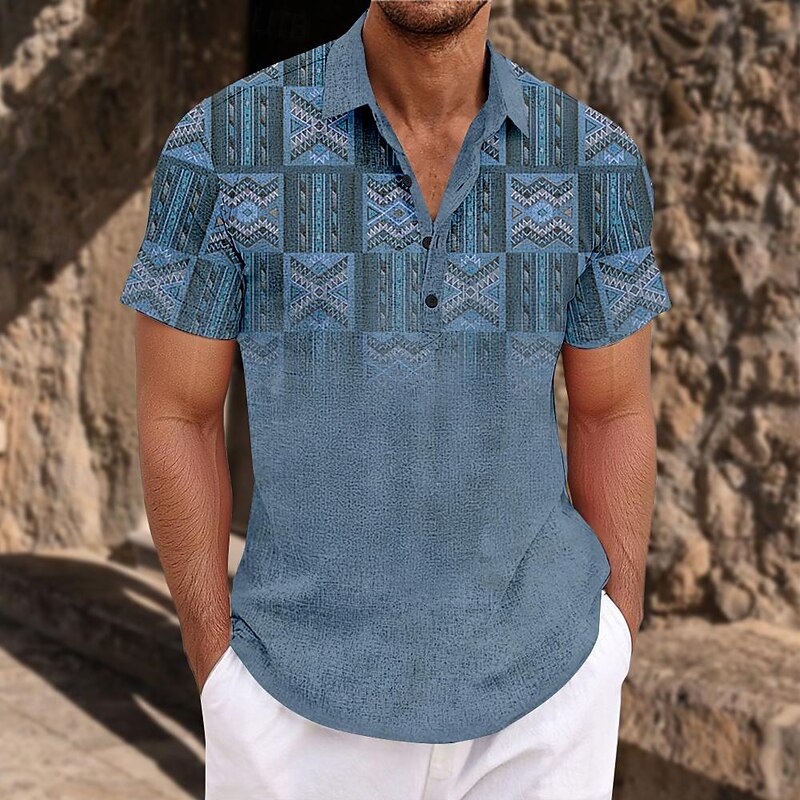 Men's Ethnic Shirt Button Up Shirt Short Sleeve Casual Tribal Daily Holiday Summer Spring Turndown 3D Print Button-Down Blue Brown Gray2