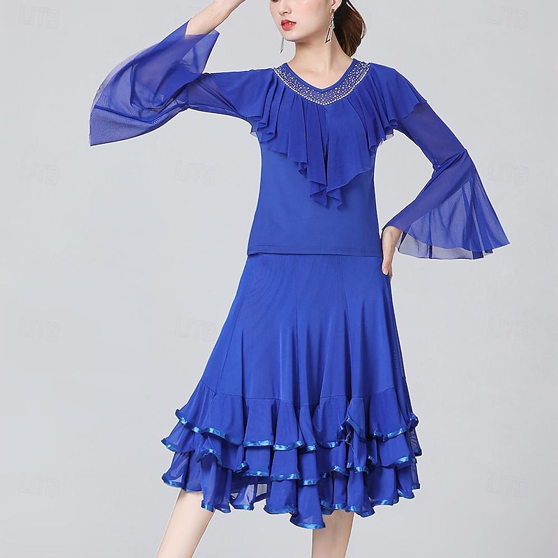 Ballroom Dance Skirts Ruffles Pure Color Splicing Women's Performance Training Long Sleeve High Polyester3