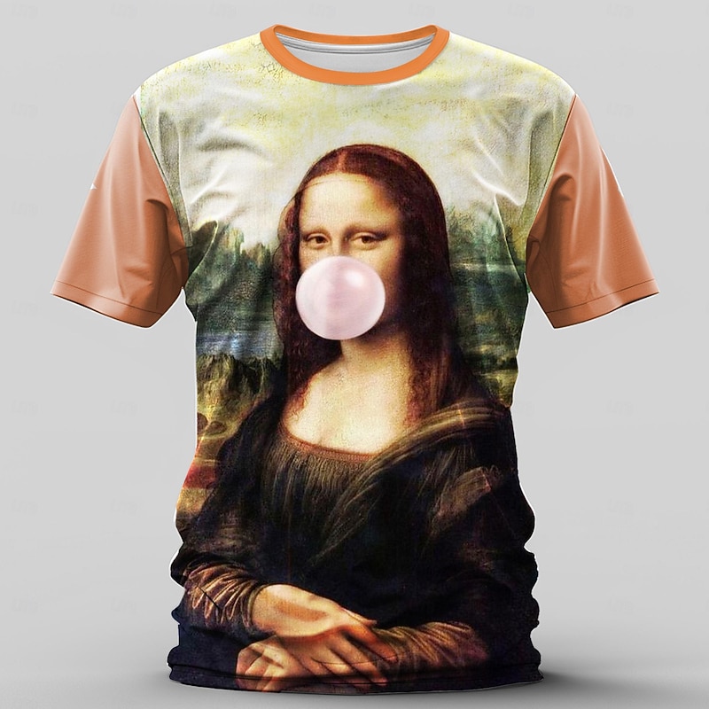 Men's Mona Lisa T Shirt Short Sleeve T shirt 3D Print Crew Neck Shirt Retro Vintage Casual Street Style Sports Outdoor Holiday Going out Green Khaki Spring & Summer Clothing Apparel S M L XL 2XL 3XL