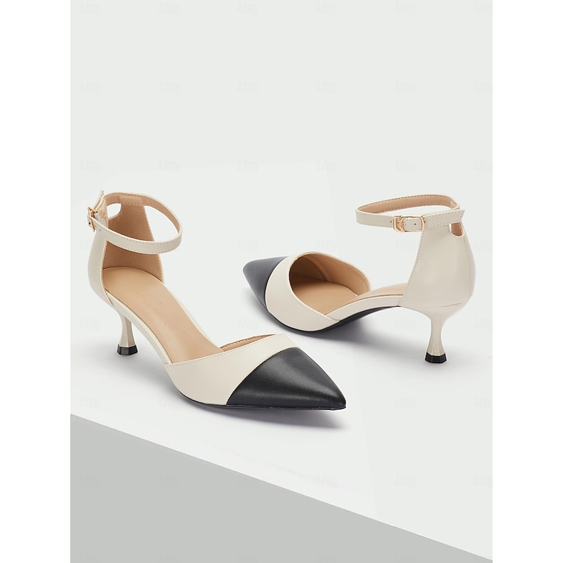 Stylish Women's Two-Tone Pointed Toe Kitten Heel Ankle Strap Pumps - Perfect for Office and Formal Occasions3