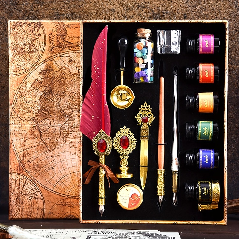 1 set Jubaboz Gift Box Feather Calligraphy Pen Set Mechanical Gear Steam Punk Dipping Pen Retro Decoration Perfect Gift Idea4