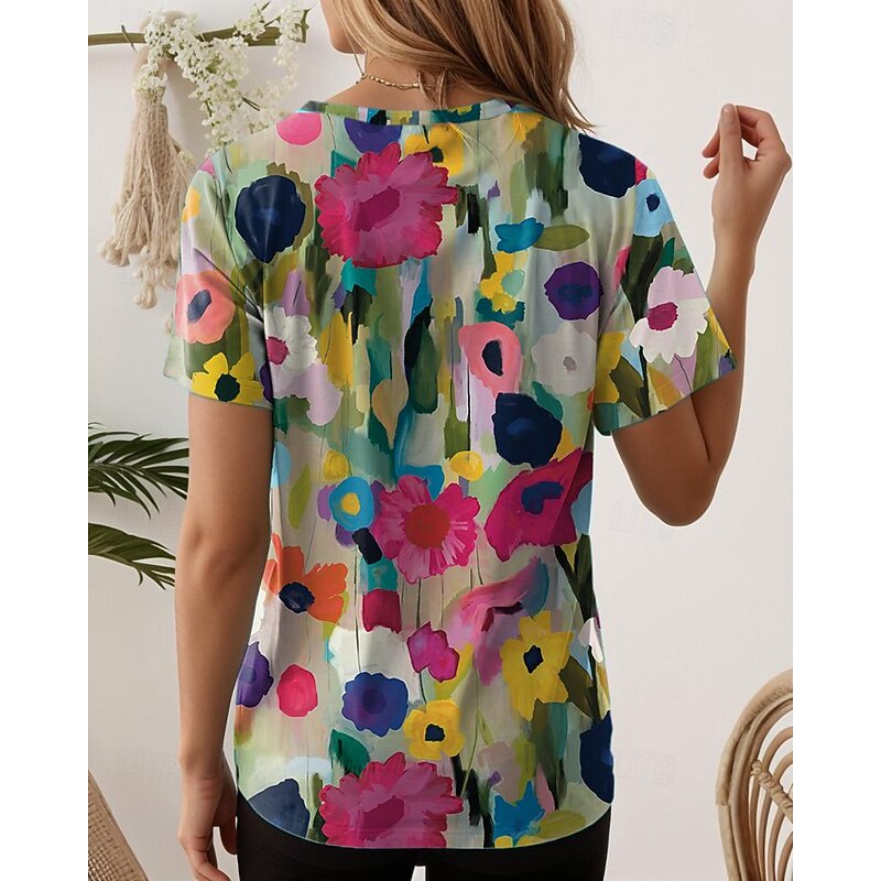 Women's T Shirt Floral Color Block Stylish Casual Short Sleeve Crew Neck Regular Tops Daily Print White Pink Blue Green Rainbow Summer2