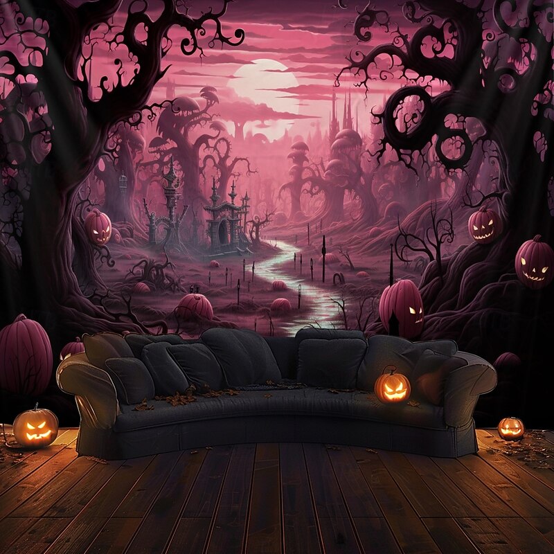 Pink Halloween Decorations Forest Hanging Tapestry Wall Art Large Tapestry Mural Decor Photograph Backdrop Blanket Curtain Home Bedroom Living Room Decoration