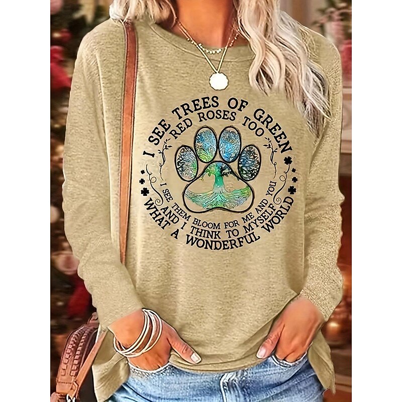 Women's T Shirt Cat Letter Fashion Casual Long Sleeve Round Neck Regular Tops Daily Weekend Print Khaki Spring &  Fall Spring, Fall, Winter, Summer
