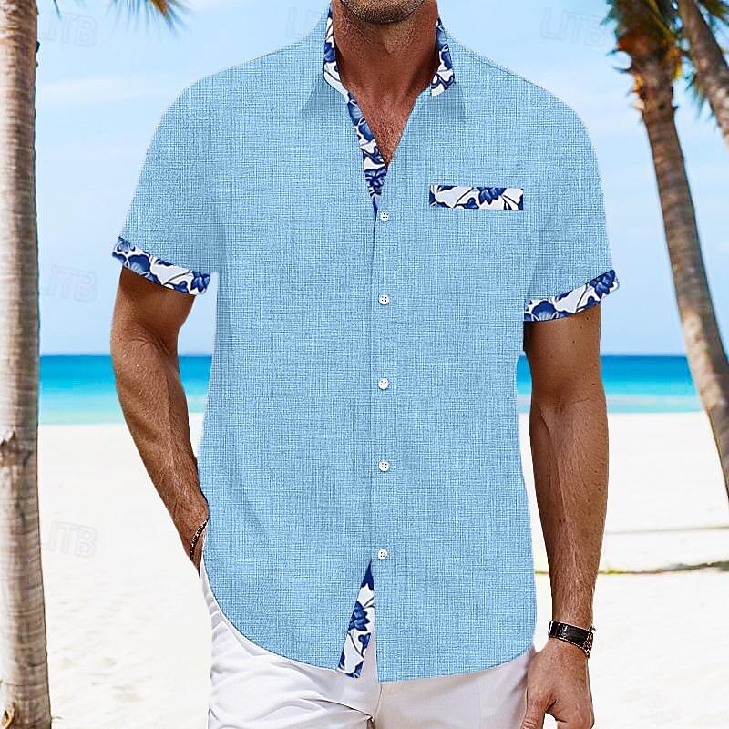 Men's Shirt Linen Shirt Summer Shirt Summer Hawaiian Shirt Color Block Vacation Curise Black White Pink Dark Navy Short Sleeve Fold-over Collar Spring & Summer Clothing Apparel Patchwork