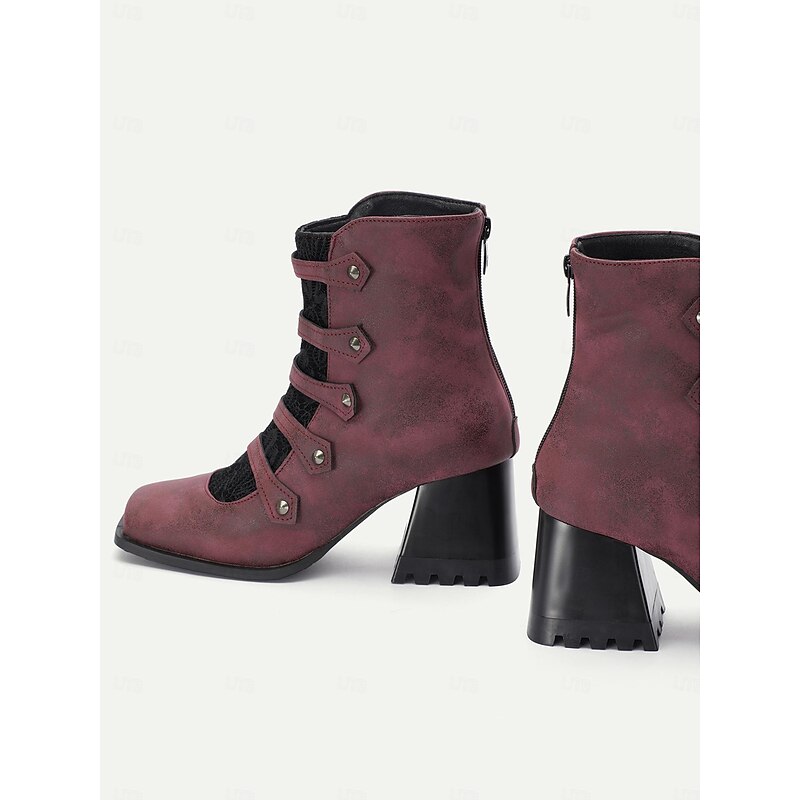 Vintage-Inspired Burgundy Strappy Boots with Chunky Heel and Lace Detail for Women, Ideal for Evening Events and Stylish Outings2