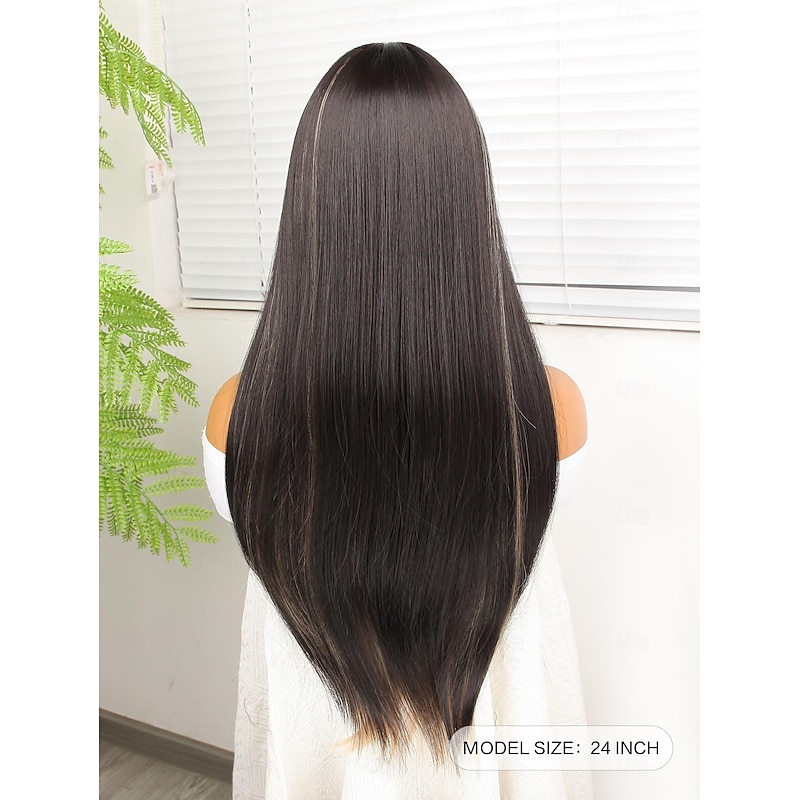 Synthetic Wig Yaki Straight Neat Bang Wig 24 inch Black / Gold Synthetic Hair Women Black / Blonde3